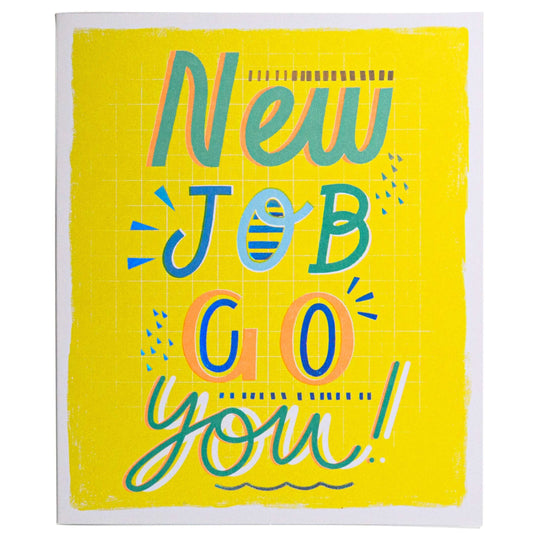 Neon New Job Celebration and Congratulations Card with vibrant yellow background and bold text design announcing 'New Job Go You!'