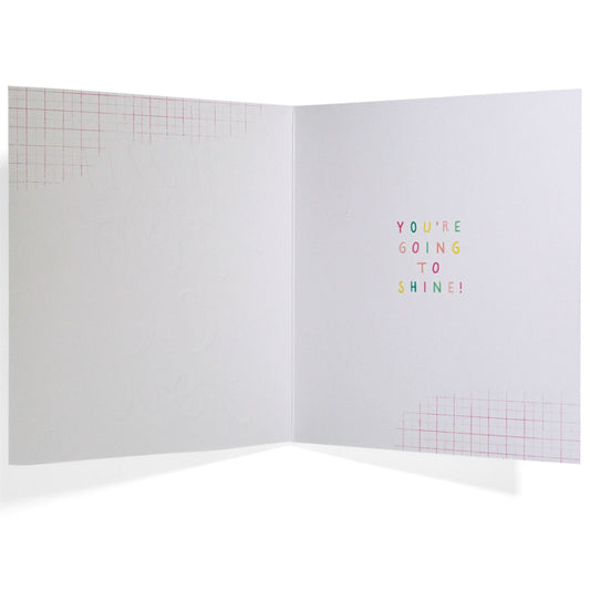 Neon New Job Celebration and Congratulations Card interior featuring colourful text 'YOU'RE GOING TO SHINE!' with grid illustrations.