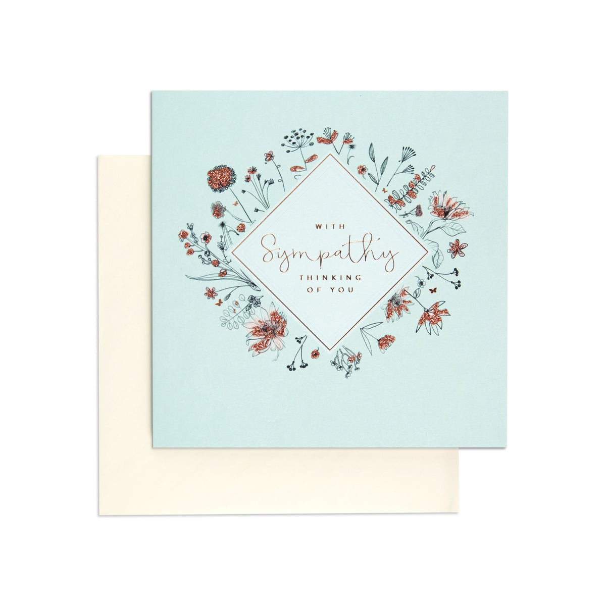Thinking of Elegant You Sympathy Card featuring delicate flower illustrations, rose gold details, and a soft baby blue background.