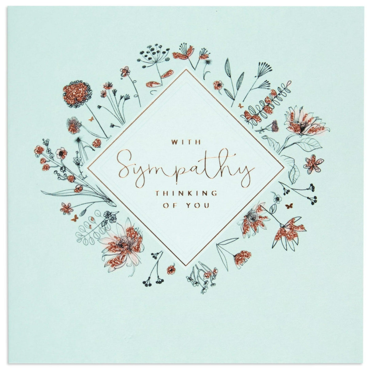 Thinking of Elegant You Sympathy Card on soft baby blue background with floral illustrations and rose gold foil details.