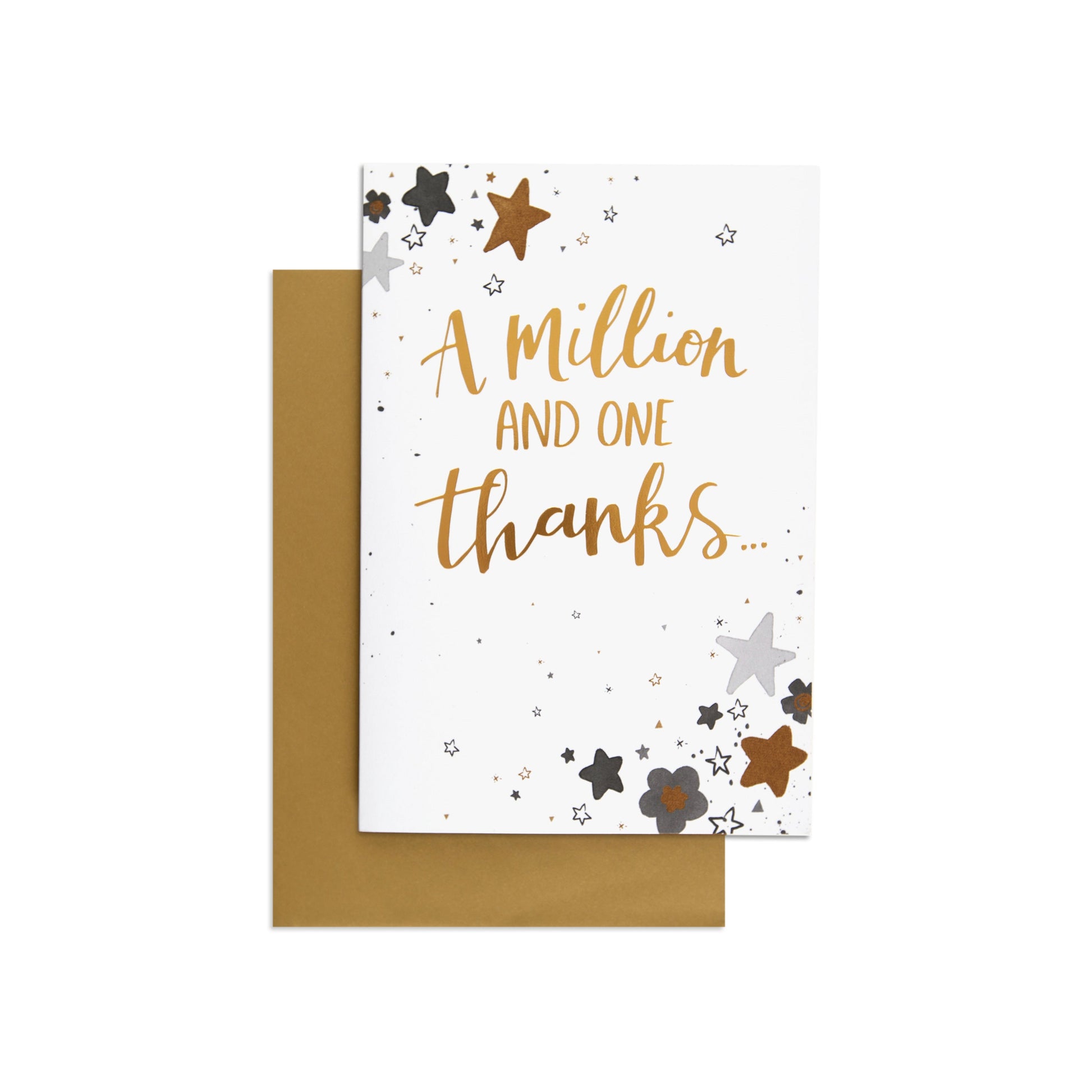 A Million and One Beautiful Thank You Card featuring gold foil text and floral star illustrations, flat lay with brown envelope.