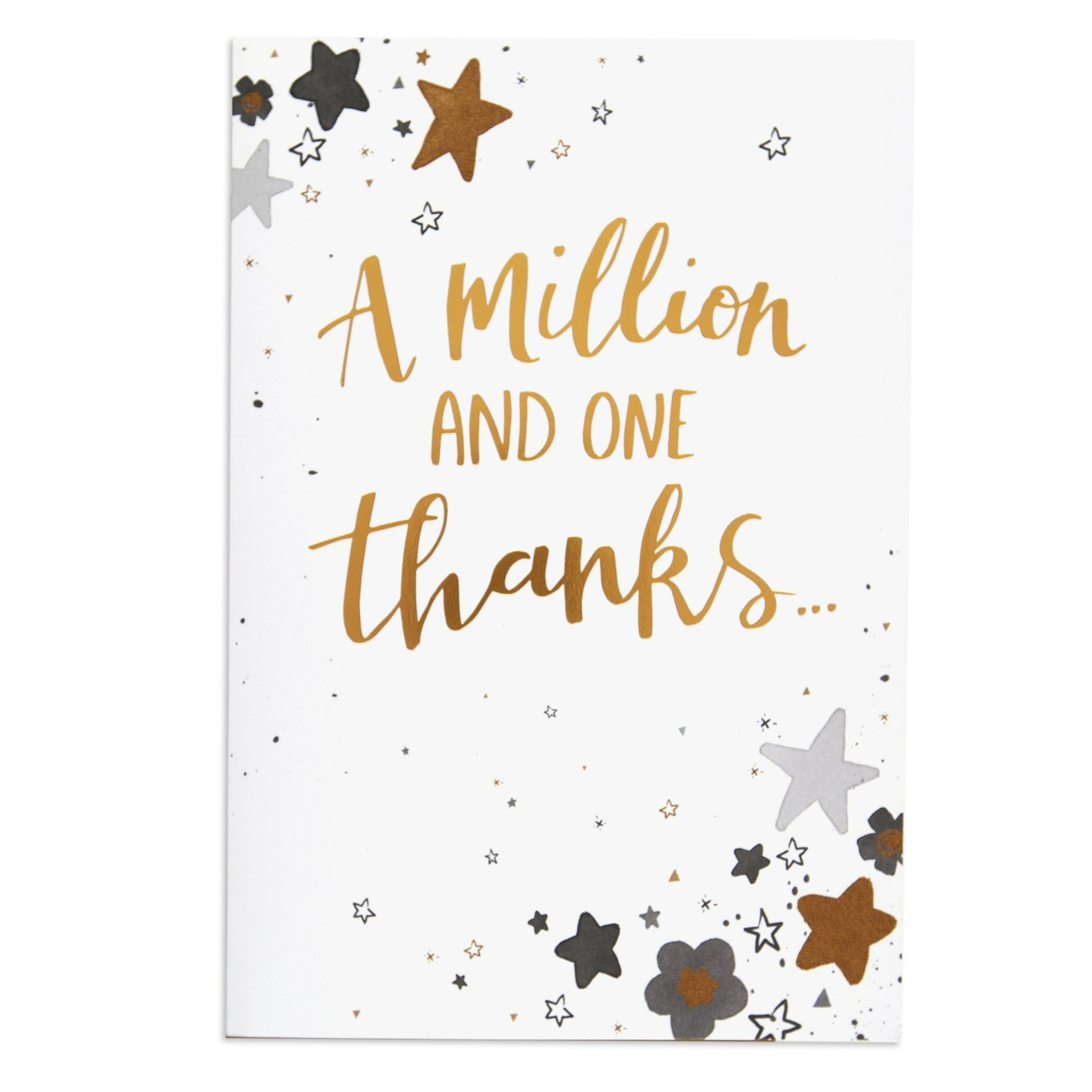 A Million and One Beautiful Thank You Card with gold foil embossing and flower and star illustrations on a white background.