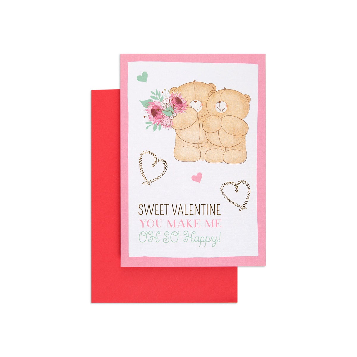 Valentine's Day card - Forever Friends Bears, illustrated with two bears, bouquet, and hearts, featuring a pink and red design.