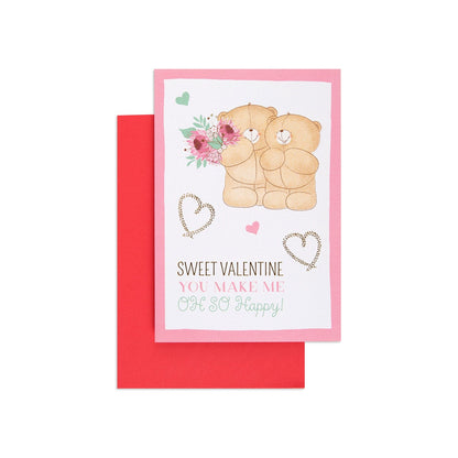 Valentine's Day card - Forever Friends Bears, illustrated with two bears, bouquet, and hearts, featuring a pink and red design.