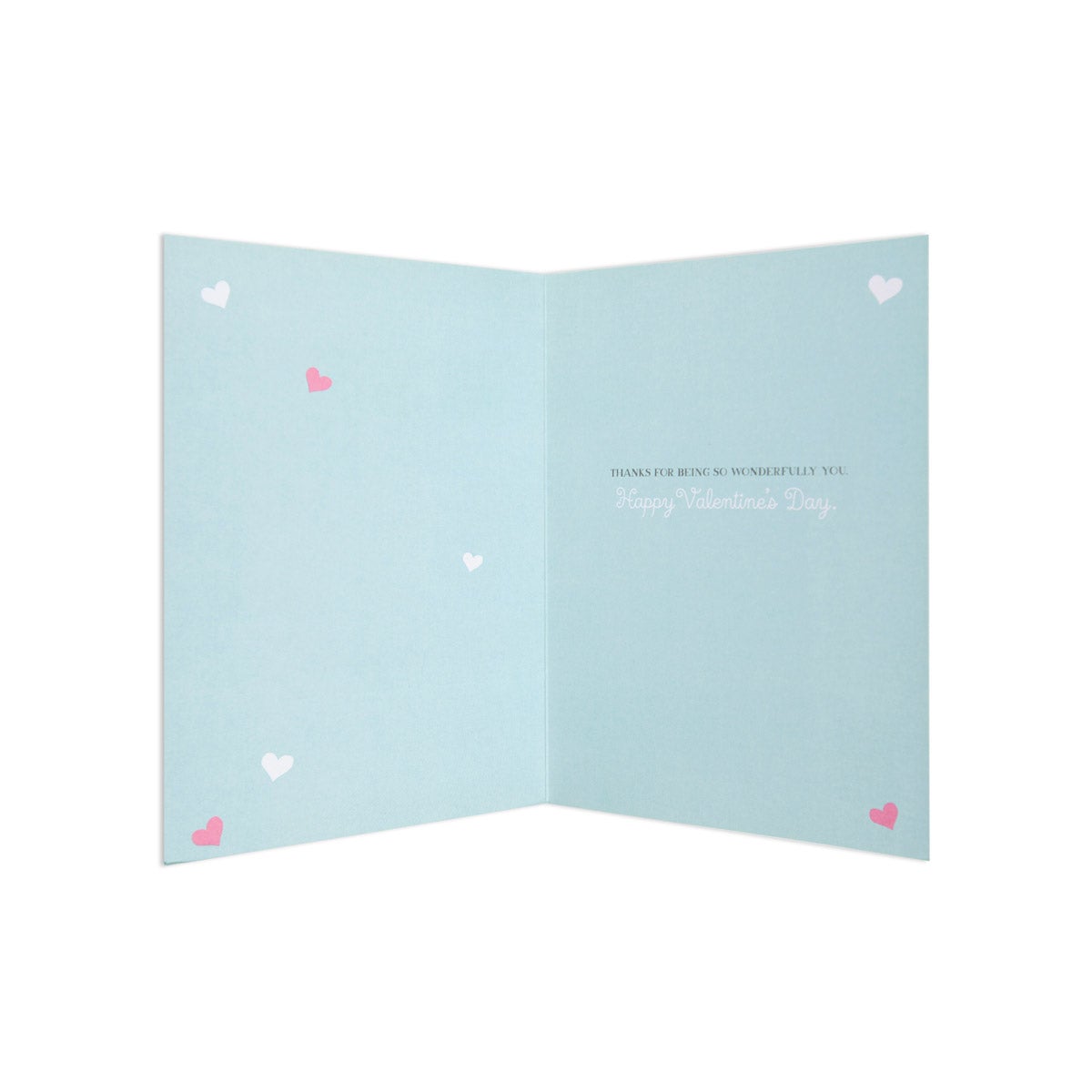 Valentine's Day card - Forever Friends Bears, interior design in pastel blue with hearts, includes Happy Valentine's Day message.