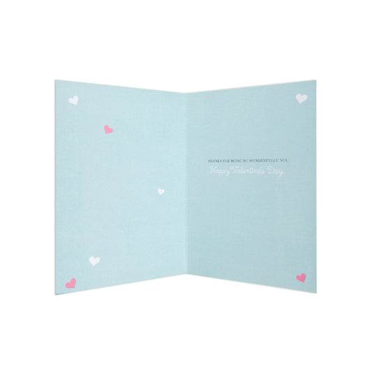 Valentine's Day card - Forever Friends Bears, interior design in pastel blue with hearts, includes Happy Valentine's Day message.
