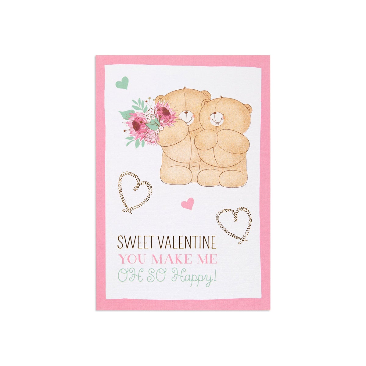 Valentine's Day Card - Forever Friends Bears with cute bear illustration, pink accents, and gold foil text, flat lay view.