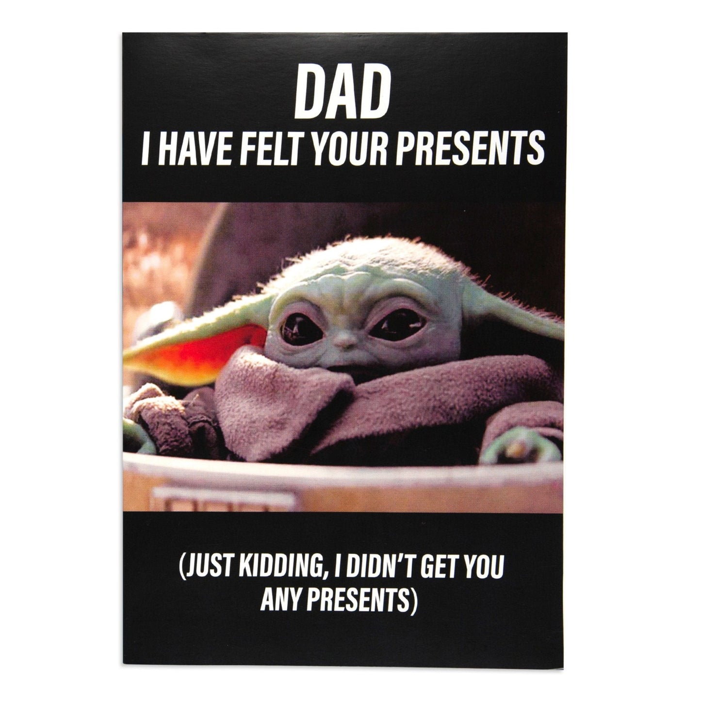 Hallmark Father's Day Card - Star Wars™: Grogu featuring Grogu's image with humorous text on the cover in a flat lay view.