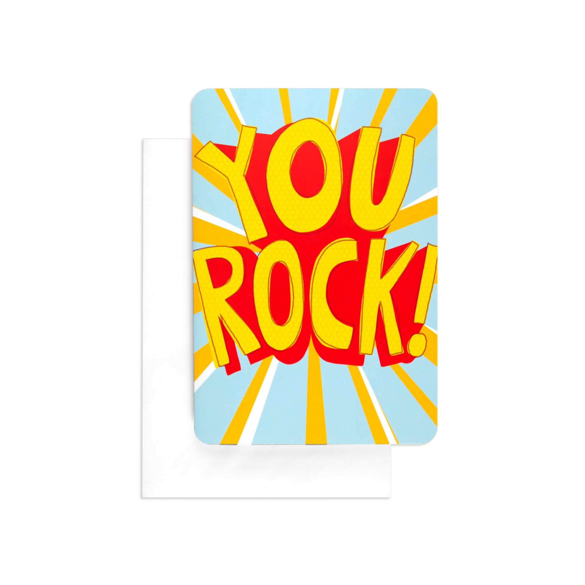 You Rock Bright Fun Interactive Birthday Card featuring bold yellow text on a bright blue background with sun rays, laid flat with envelope.