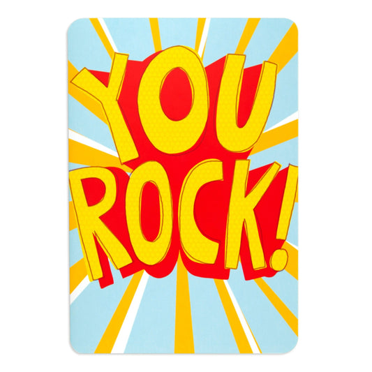 You Rock Bright Fun Interactive Birthday Card front with bold red lettering and yellow accents on a blue background.