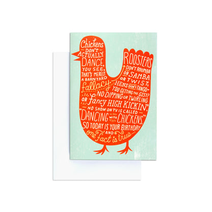 Chicken Dance Fun Interactive Birthday Card featuring a vibrant orange chicken illustration on a light blue background with humorous text.