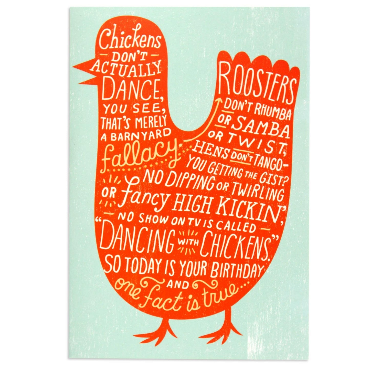 Chicken Dance Fun Interactive Birthday Card features a light blue background with an adorable orange chicken illustration and humorous text.