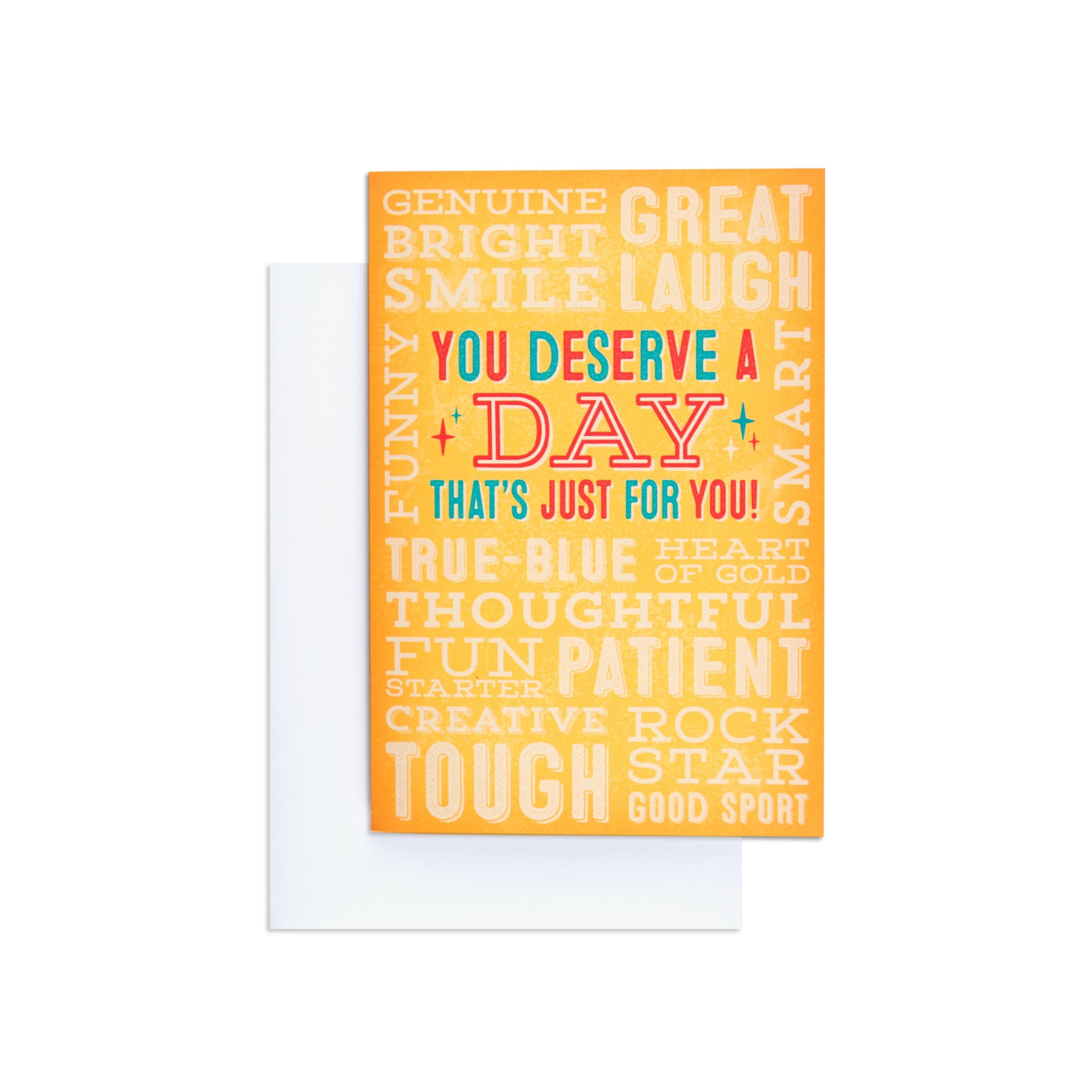 A Day That's Just For You Colourful Interactive Birthday Card featuring vibrant words on a bright orange background, with a white envelope.