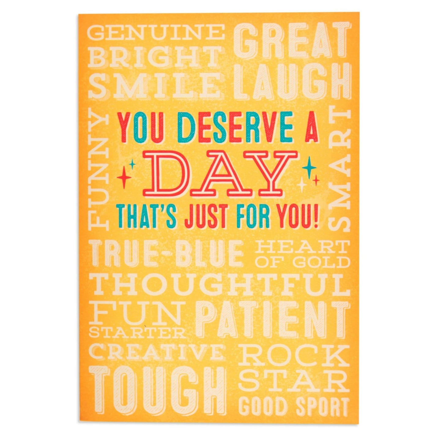 A Day That's Just For You Colourful Interactive Birthday Card featuring vibrant words on a warm yellow background.