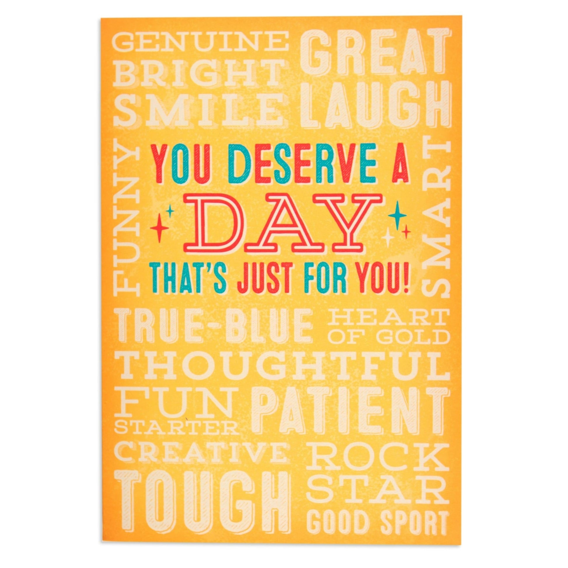 A Day That's Just For You Colourful Interactive Birthday Card featuring vibrant words on a warm yellow background.