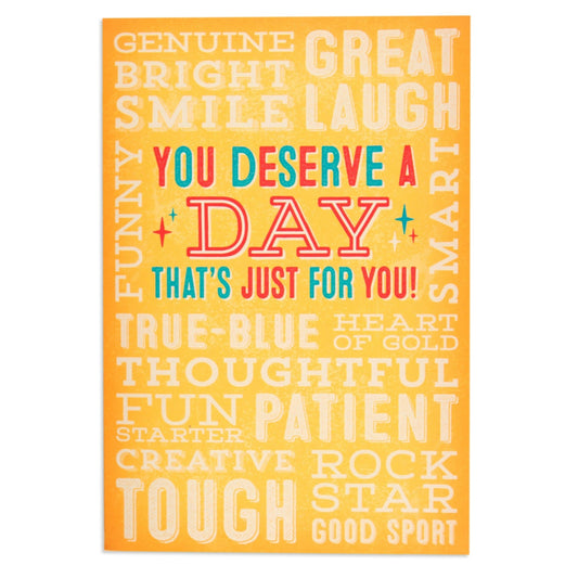 A Day That's Just For You Colourful Interactive Birthday Card featuring vibrant words on a warm yellow background.