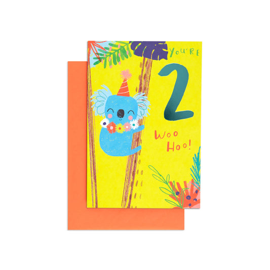 Koala Cute Colourful 2nd Birthday Card featuring colourful koala design with party hat and blue foil stamped number 2, with orange envelope.