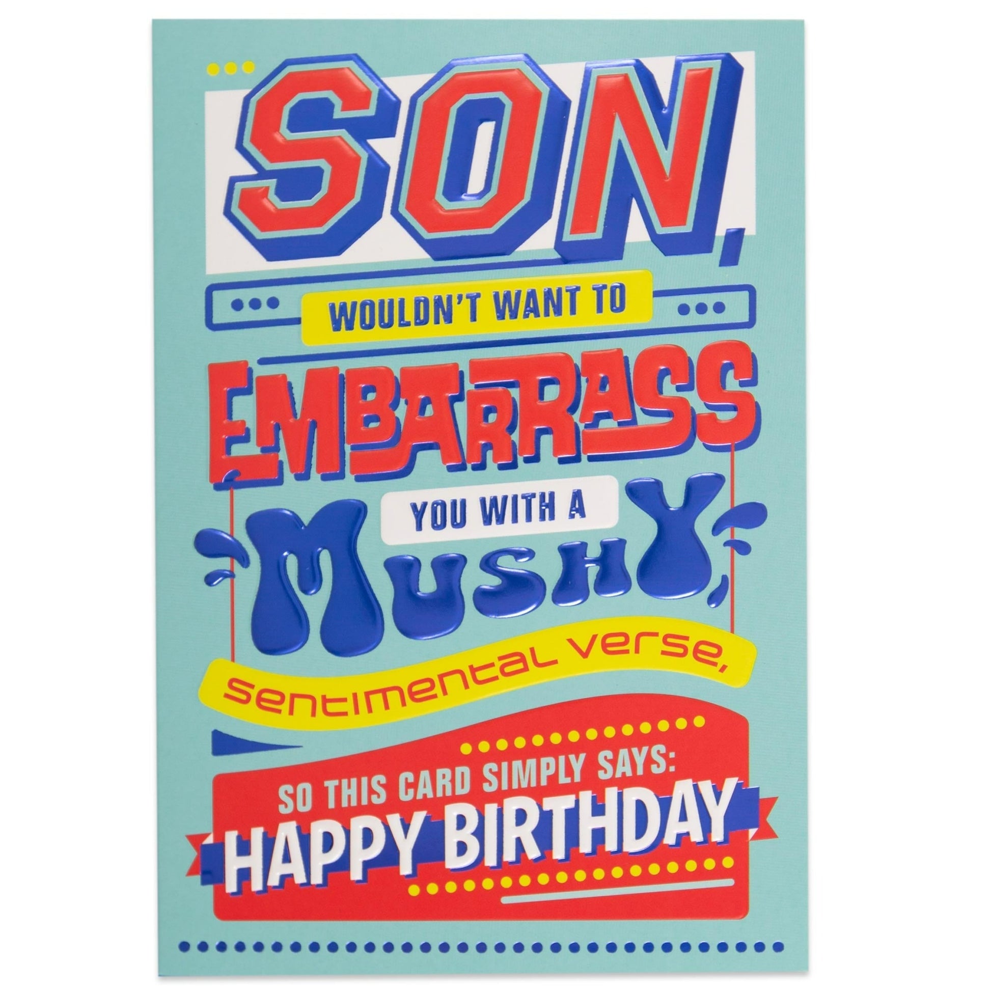 Mad As Cheese Bright Colourful Funny Birthday Card for Son with bold illustrations and mixed fonts on a turquoise background.