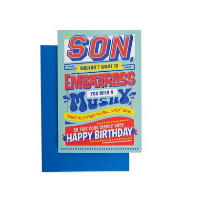 Mad As Cheese Bright Colourful Funny Birthday Card for Son featuring bold illustrations and embossed text on a blue background.