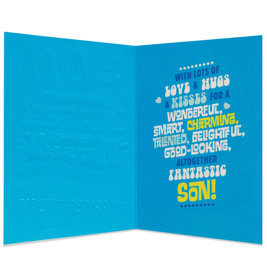 Mad As Cheese Bright Colourful Funny Birthday Card for Son with colourful fonts on a bright blue background, inside view.