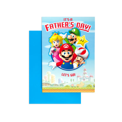 Hallmark Father's Day Card - Nintendo, Super Mario with colourful illustrations of characters Mario, Luigi, and Princess Peach on a blue background.