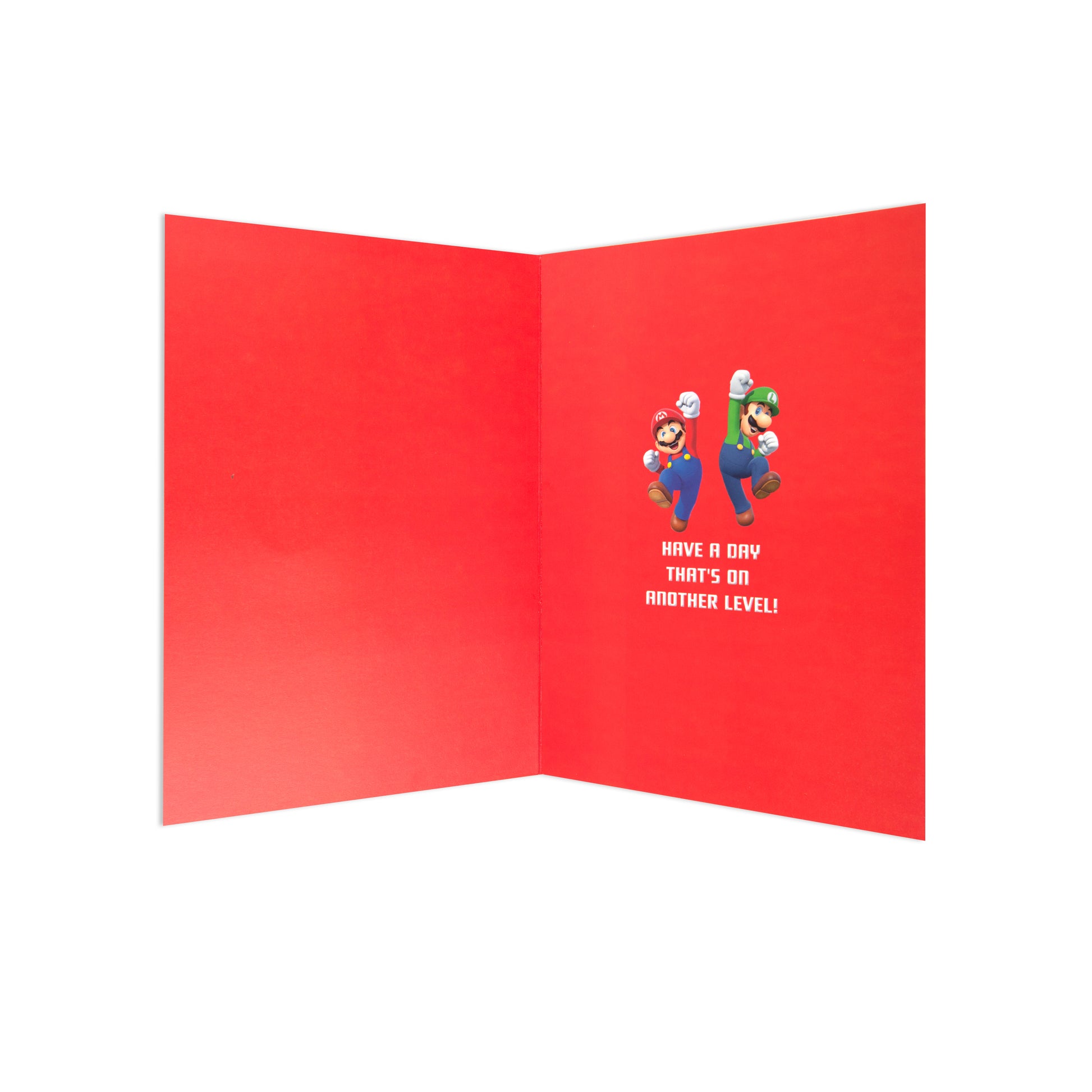 Hallmark Father's Day Card - Nintendo, Super Mario, inside view featuring Mario and Luigi with a red background and message.