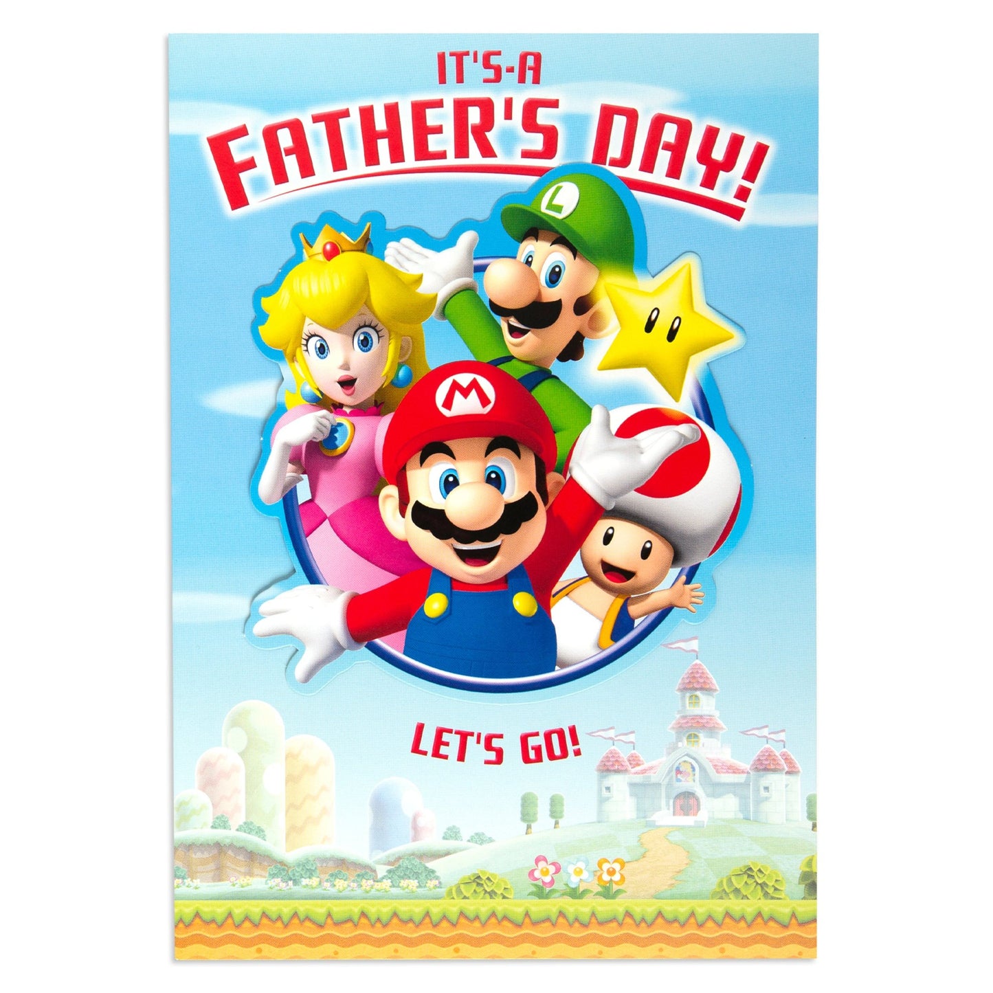 Hallmark Father's Day Card - Nintendo, Super Mario featuring Mario, Luigi, Princess Peach, and Toad celebrating Father's Day in vibrant colours.