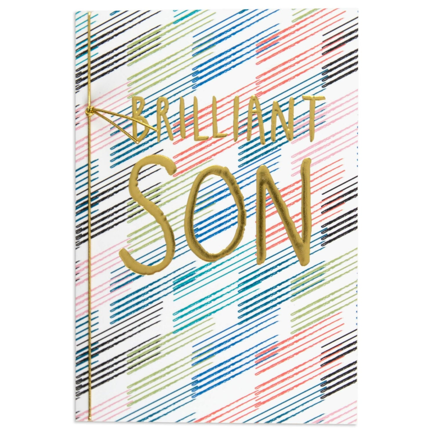 Brilliant Son Colourful Celebration Card featuring a colourful striped design and embossed gold lettering on the front.