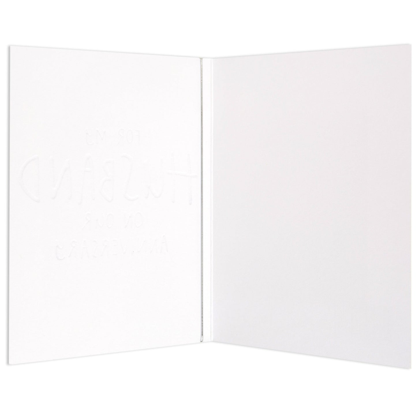 For My Husband Contemporary Colourful Anniversary Card, blank inside for personal messages, open view showing embossing detail.