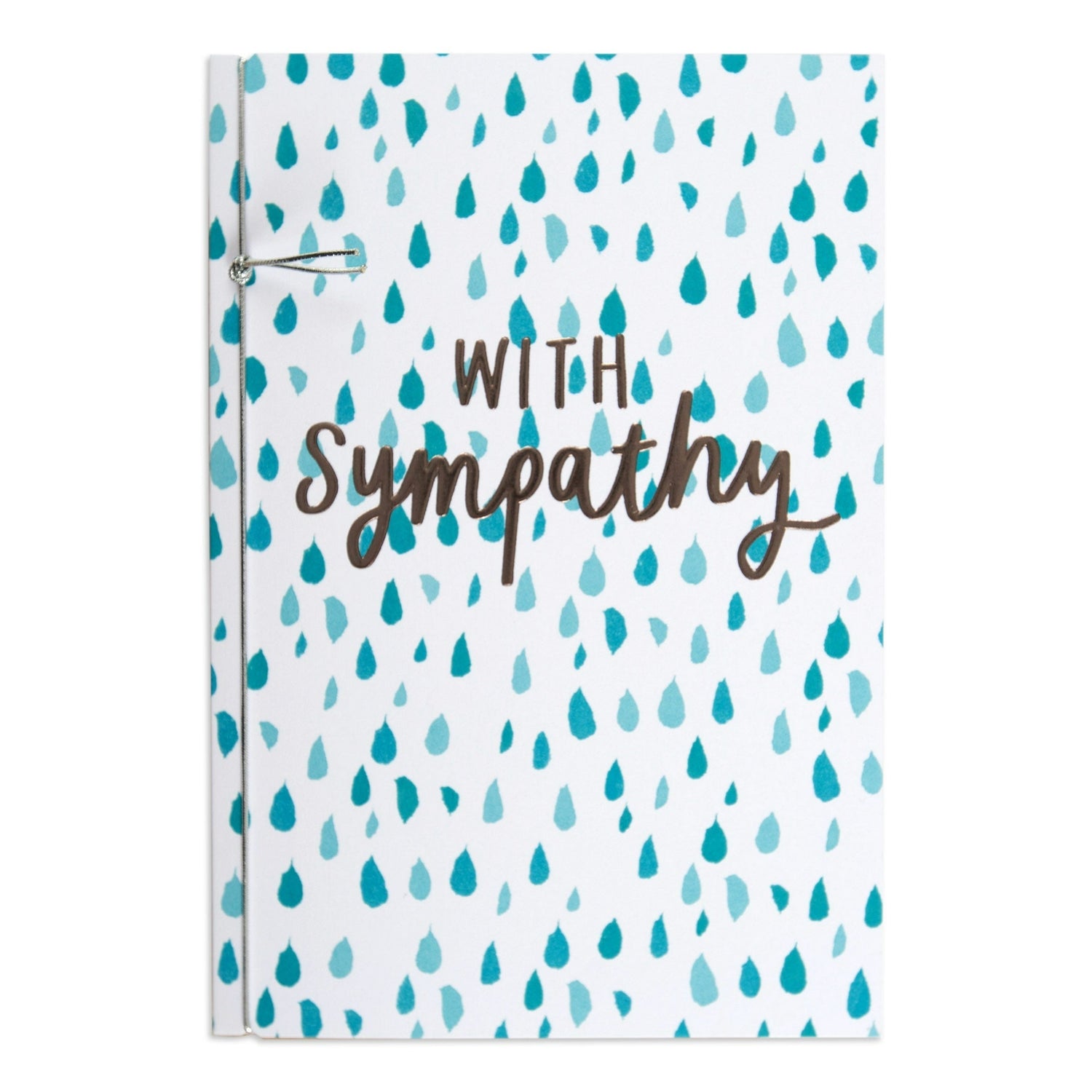 With Sympathy vibrant polka dot sympathy card featuring a white and blue tear drop print with embossed lettering, flat lay view.