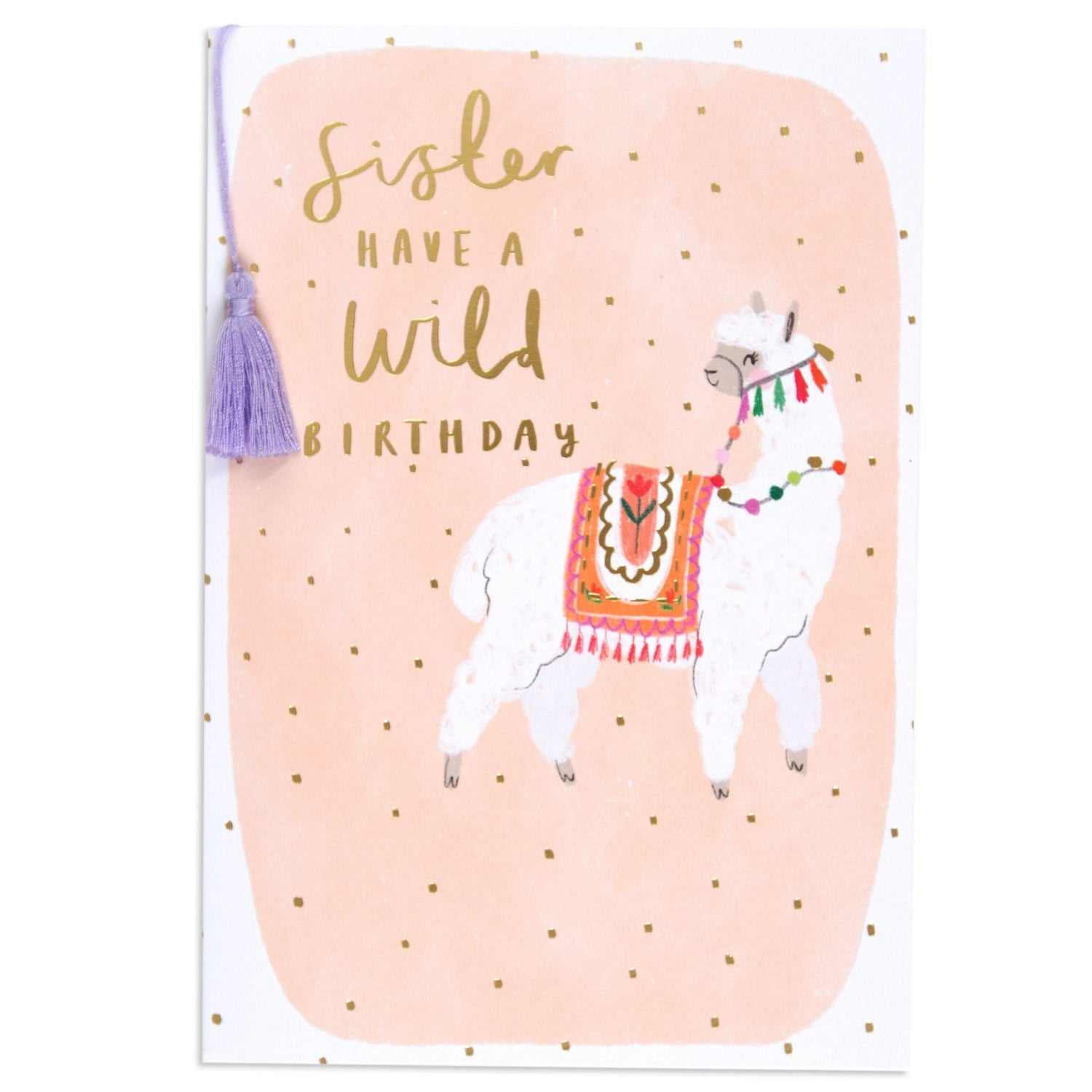 Wild Alpaca Sister Fun Cute Birthday Card featuring gold foil details, lilac tassel, and colourful alpaca illustration on peach background.