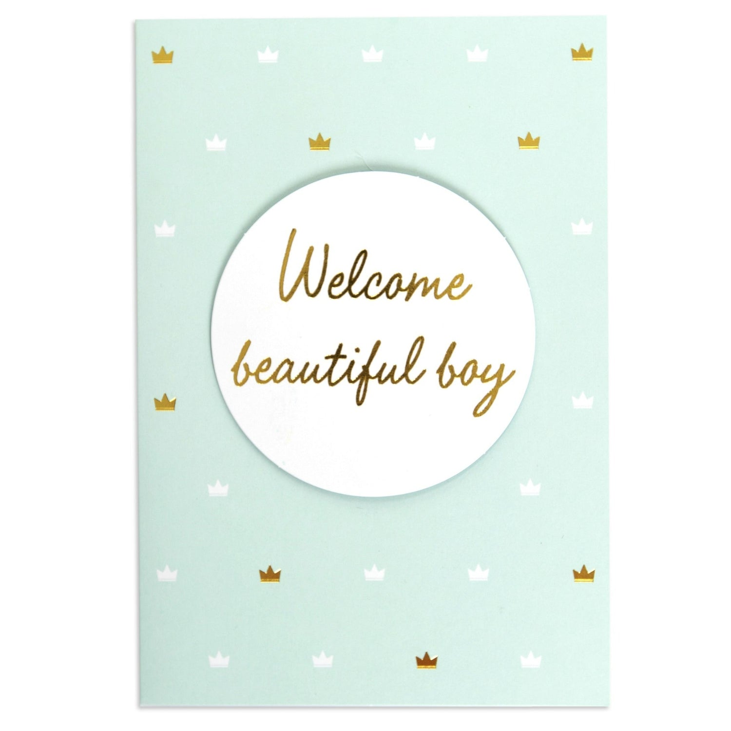 Beautiful boy baby sweet congratulations card featuring a laser cut circle with gold foil lettering on a mint green background.