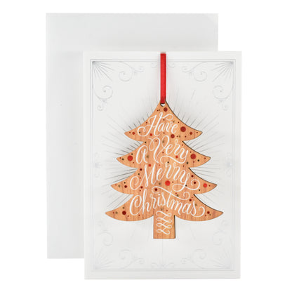 Hallmark Christmas card - Signature Ornament with a detachable wood-style Christmas tree ornament and red satin ribbon detail.