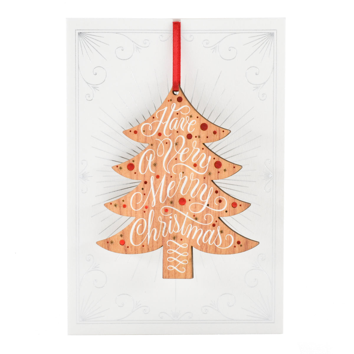 Hallmark Christmas card - Signature Ornament features a decorative wood style Christmas tree ornament with intricate lettering.