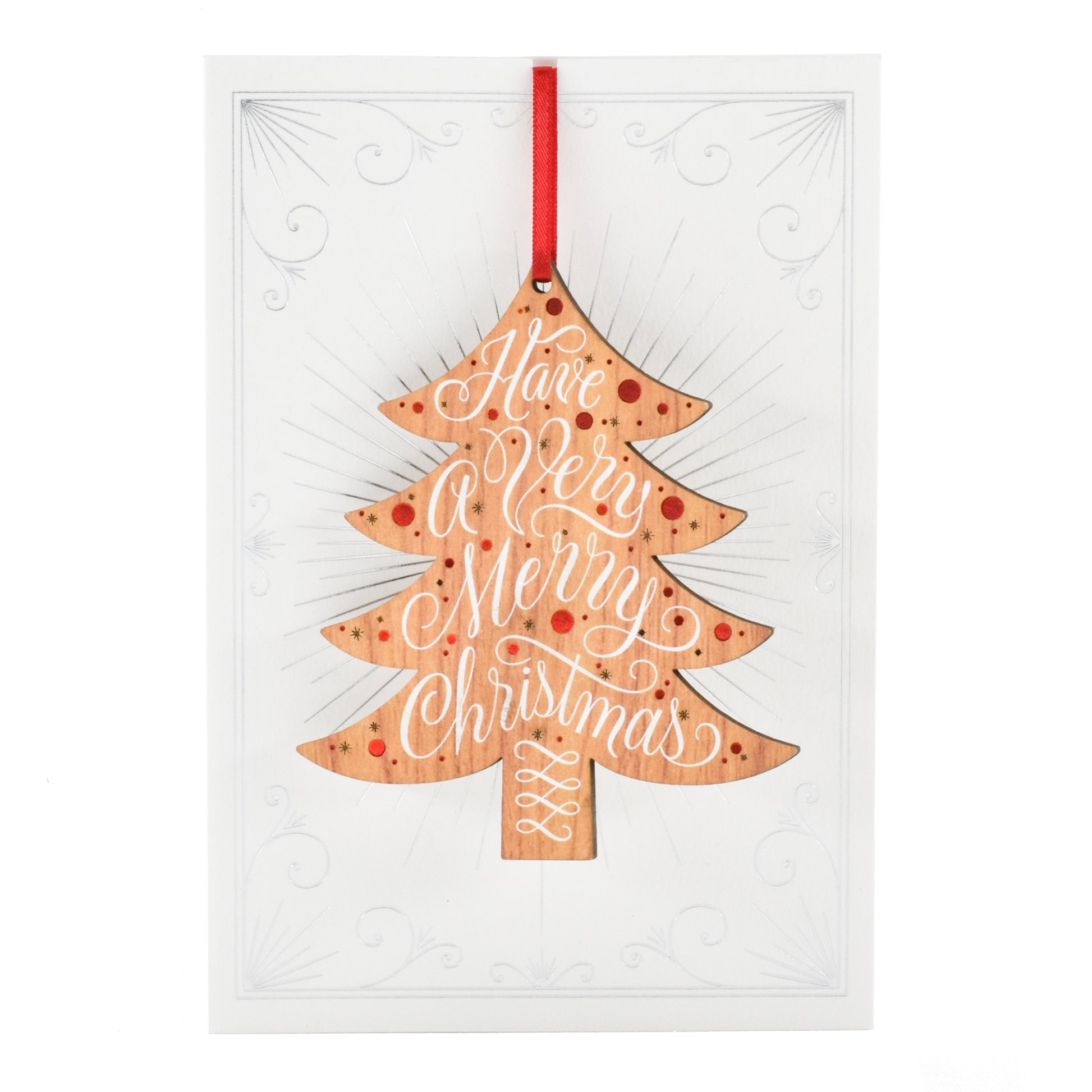 Hallmark Christmas card - Signature Ornament features a decorative wood style Christmas tree ornament with intricate lettering.