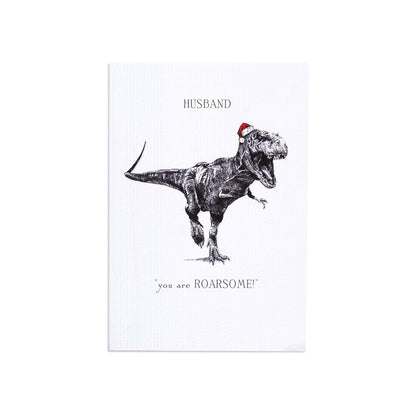 Christmas card for husband - Festive T-Rex featuring a T-Rex in a Santa hat with the text ‘HUSBAND you are ROARSOME!’
