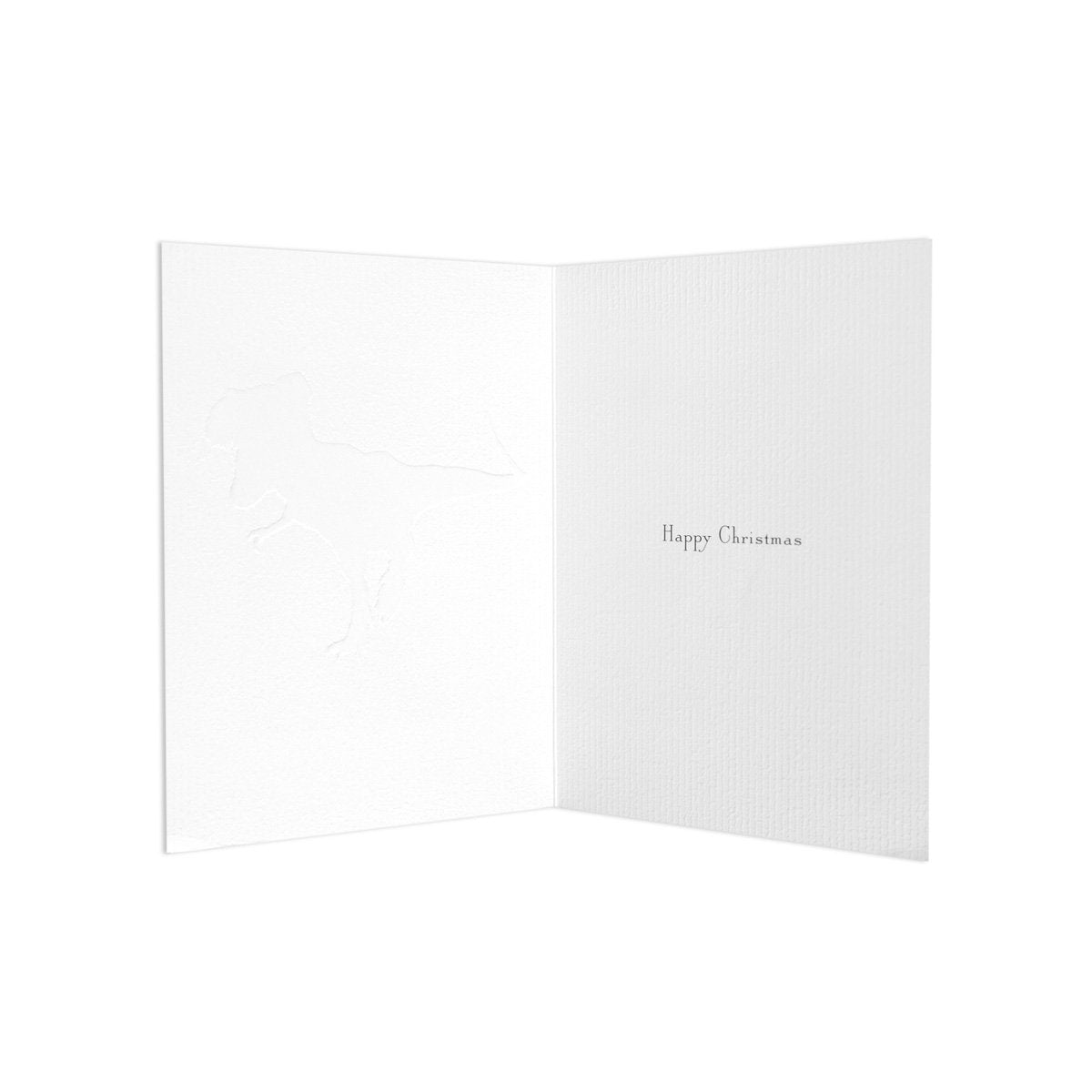 Christmas card for husband - festive T-Rex, inside view showing embossing and message 'Happy Christmas', minimal design.