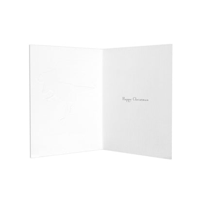 Christmas card for husband - festive T-Rex, inside view showing embossing and message 'Happy Christmas', minimal design.