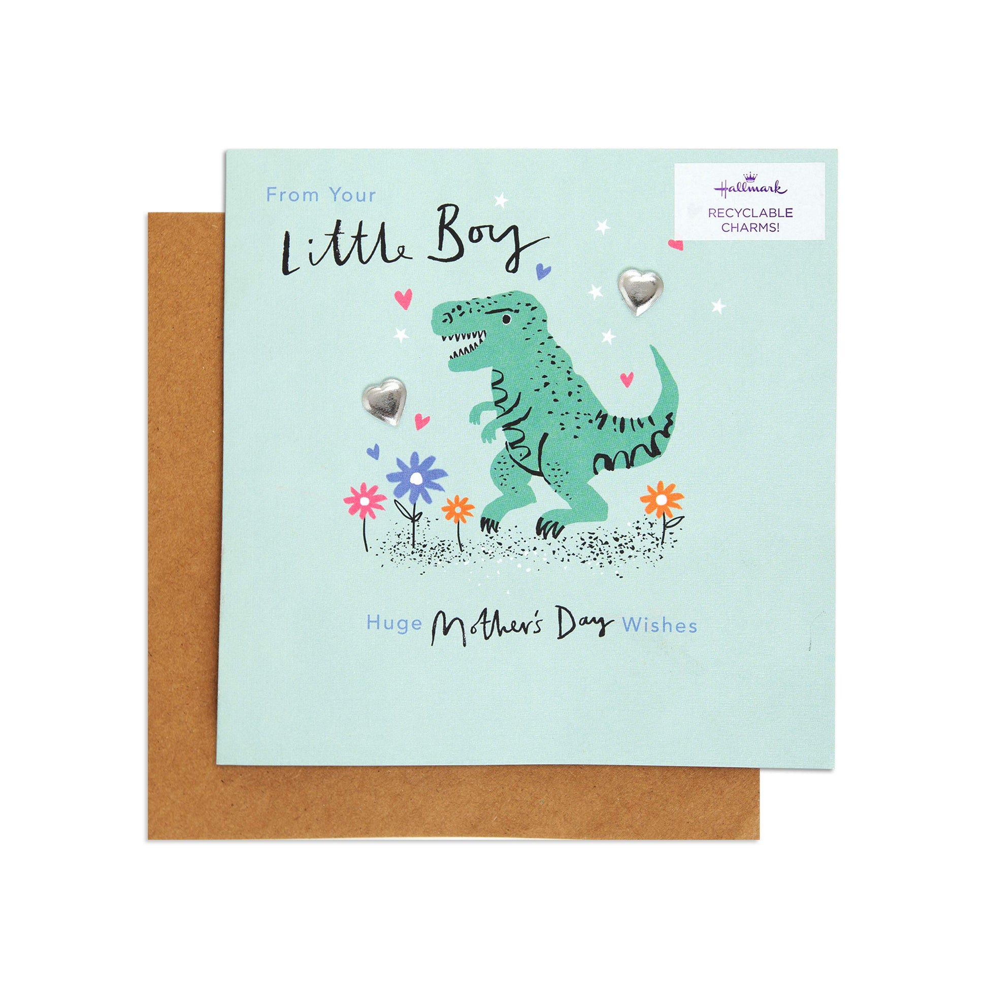 Mother's Day card from son - adorable dinosaur with floral illustration and silver heart charms, flat lay view.