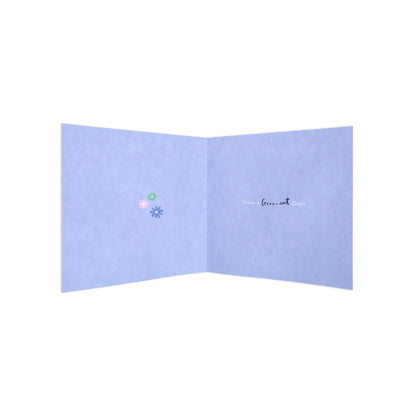 Mother's Day card from son - adorable dinosaur, open view revealing colourful flowers design and greeting message inside.