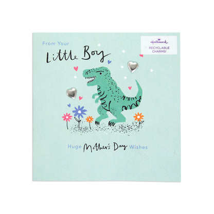 Mother's Day card from son - adorable dinosaur design with silver heart charms and floral illustration on mint background
