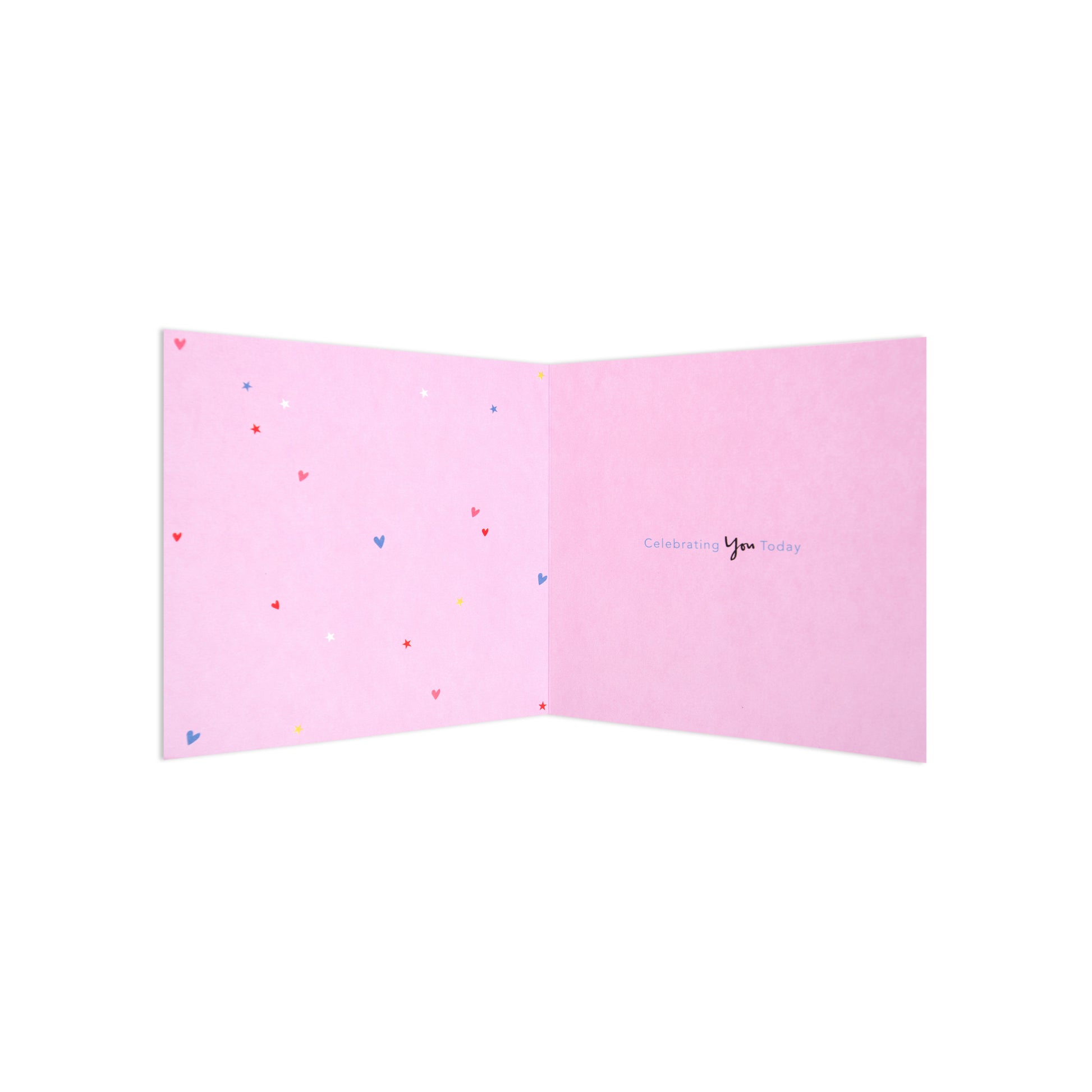 Mother's Day card - Cute Cocktail featuring a pink interior with colourful love hearts and the message 'Celebrating You Today'.
