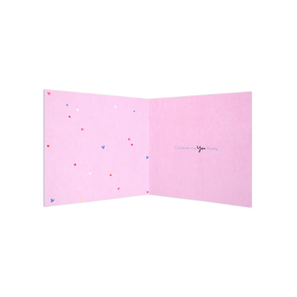 Mother's Day card - Cute Cocktail featuring a pink interior with colourful love hearts and the message 'Celebrating You Today'.