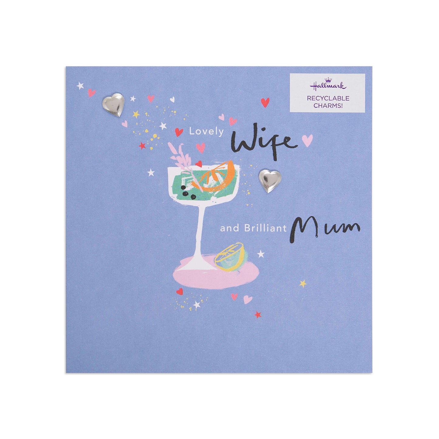 Mother's Day card - Cute Cocktail featuring a cheerful cocktail illustration, recyclable charms, against a blue background.