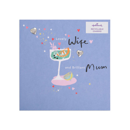 Mother's Day card - Cute Cocktail featuring a cheerful cocktail illustration, recyclable charms, against a blue background.