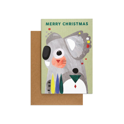 Christmas card - Pete Cromer Koala featuring a colourful koala illustration with debossed details and brown envelope.