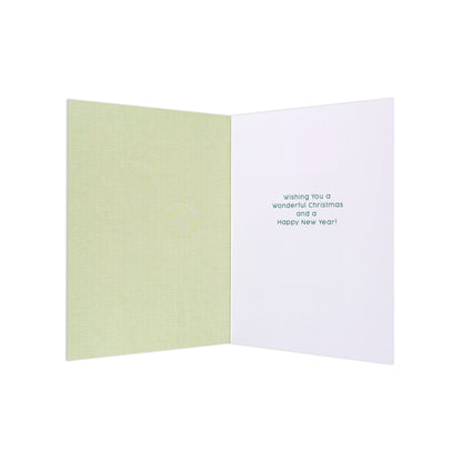 Christmas card - Pete Cromer Koala, open view, featuring green interior and printed festive message inside.