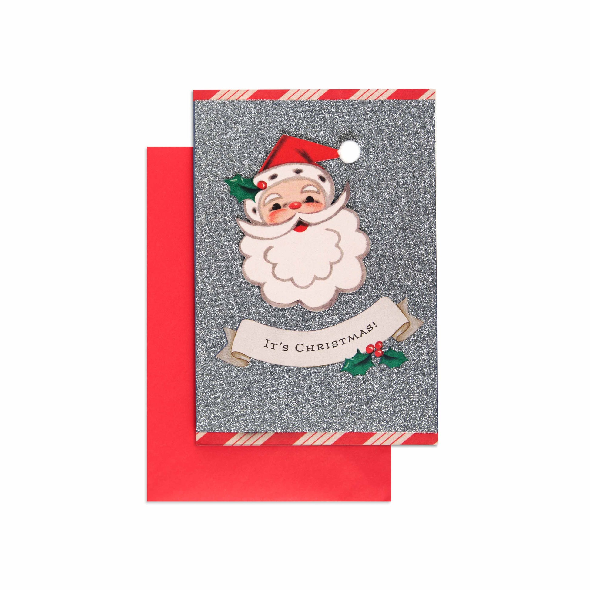 Christmas card - silver glitter Santa with a cheerful illustration, red envelope, and festive holly accents.