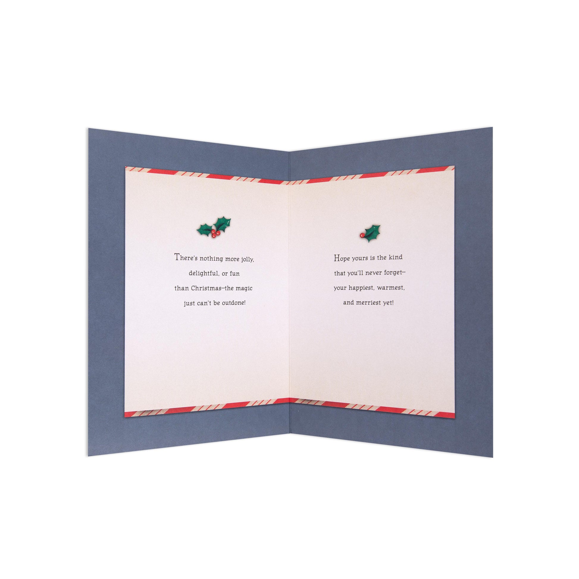 Christmas card - silver glitter Santa, inside view, featuring holly illustration and cheerful festive messages.