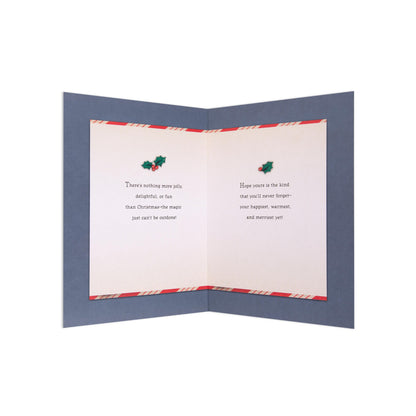 Christmas card - silver glitter Santa, inside view, featuring holly illustration and cheerful festive messages.